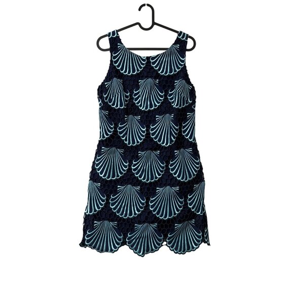 Lilly Pulitzer Delia Navy Aqua Seashell Embroidered Scallop Hem Sheath Dress 8 - Picture 2 of 6